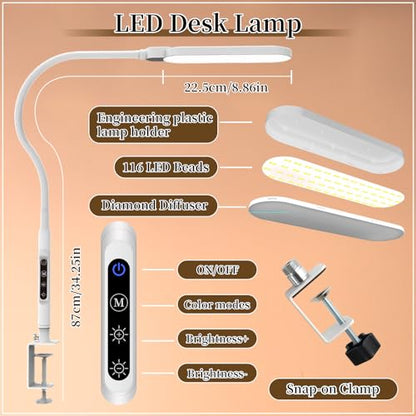 BQAN LED Desk Lamp with Clamp 15W Eye-Caring Clip on Light for Home White | 5 Modes & 9 Brightness | Adjustable Gooseneck | Touch Dimmer | Clamp Desk Design | For Reading, Study, Nail Art, Work - color: White