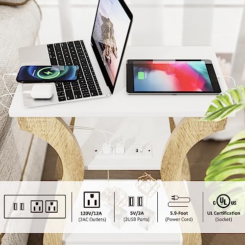 FROMJBEST End Tables Living Room, End Table with Charging Station,White&Oak | Side Table Living Room, with USB Ports and Outlets, Nightstand for Bedroom, 3-Tier Storage Shelf, Bedside Table - color: White+oak