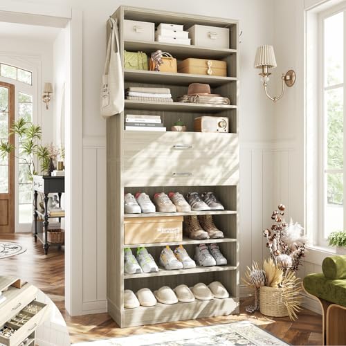 Aheaplus Tall Shoe Cabinet, 10 Tiers Wood Shoe Rack, Vertical Shoe Storage Organizer with 2 Drawers, Narrow Shoe Shelf Tower for 24-28 Pairs, Space Saving, for Closet, Entryway, Bedroom, White Oak - color: White Oak, size: 10 Tier (25.6"w)