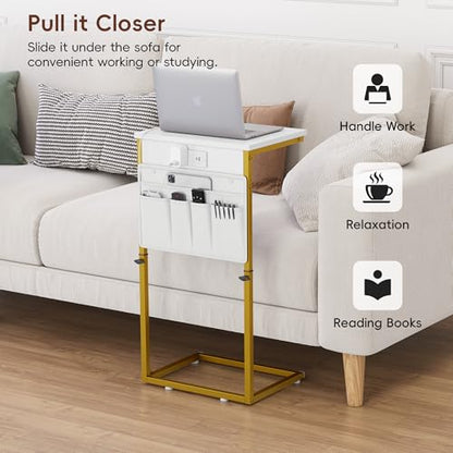 Vagusicc C-Shaped End Table with Charging Station, Small Side Table for Couch, 33" Tall C Table Adjustable Height Side Table, Couch Tables that Slide Under, Sofa Table TV Tray for Living Room, Golden - color: 1pc Golden