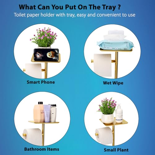 Noonext Gold Toilet Paper Holder Stand, Freestanding Toilet Paper Stand with Tray for Small Items, Toilet Paper Holder with Shelf, Storage Space for 4 Extra Toilet Paper Rolls (Gold) - color: Gold
