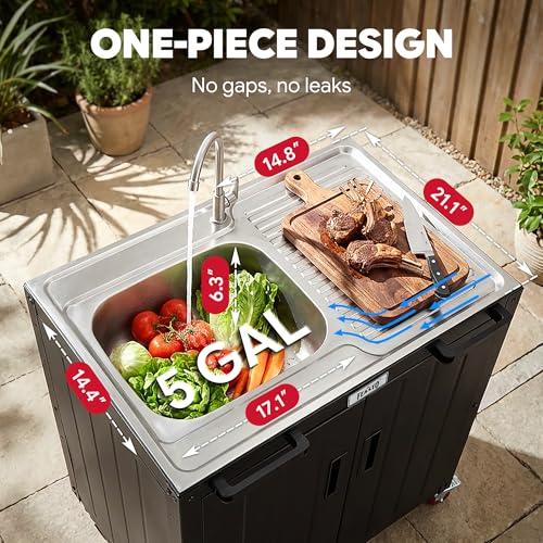 Feasto Outdoor Kitchen Island with Stainless Steel Sink and Storage Cabinet, 35-Inch BBQ Prep Station with Faucet & Lockable Wheels for Patio, Backyard, and Outdoor Cooking, Black & Silver - size: Outdoor Kitchen Sink Station