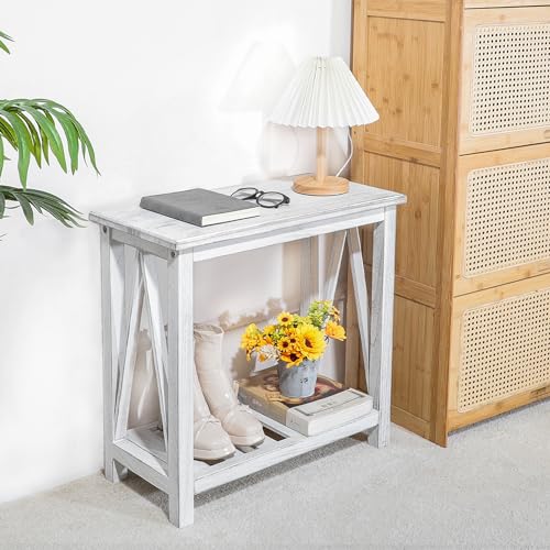Farmhouse Narrow End Table Wooden Rustic White Side Tables with Storage Shelves Narrow Sofa Table for Small Spaces Living Room Bedroom Bathroom Dorm - color: Rustic White