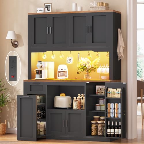 Itaar 71" Pantry Cabinet with Charging Station and LED Light, Kitchen Pantry Cabinet with Microwave Stand, 47.2" Wide Kitchen Storage Cabinets with Storage Cart 3 Tier for Dining Room, Black - color: Black