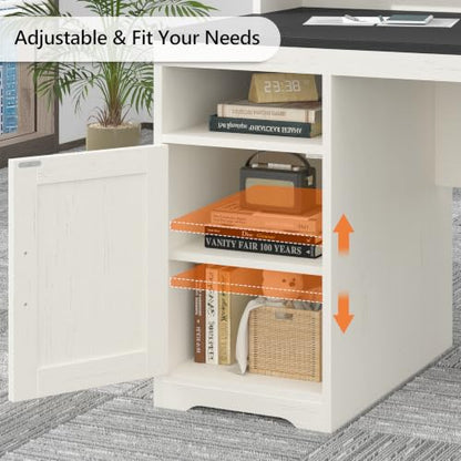 65" Farmhouse Computer Desk with Drawers and Printer Stand for Home Office | Office Desk with Power Outlets and Storage Cabinet, Study Writing Desks with Long Monitor Stand, Black and White - color: Black and White