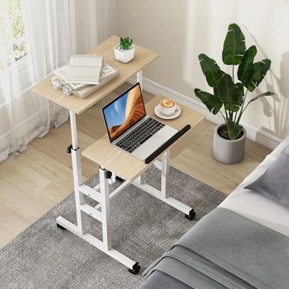 Tangkula Mobile Standing Desk, Height-Adjustable Laptop Podium Cart with Tilting Tabletop & Adjustable Angle, Rolling Stand Up Computer Desk with 2 Hanging Hooks & Lockable Casters for Home Office - color: Natural