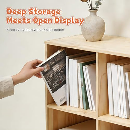 6-Cube Solid Wood Bookshelf, 3-Tier Storage Organizer Semi-Open Floor Display Shelf Closet Cabinet for Home Office Library School, 12" D x 35" W x 24" H - size: 6-Cube