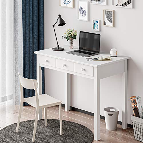 ADORNEVE White Home Office Desk with 7 Drawers and Hutch | Writing Desk, Student Desk Study Table, Small White Desks, Solid Pine Wood Legs - color: White, size: 36.2*19inch