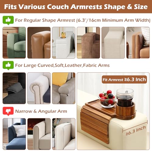 GHKINMAL Couch Cup Holder Tray, Acacia Wood Couch Armrest Table with 360° Ratated Phone Holder, 18.99" Flodable Anti-Slip Sofa Armrest Tray Tables for Snacks Remote Storage - color: Acacia Wood