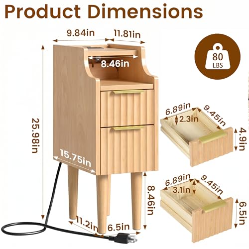 Fluted Narrow Nightstand with Charging Station, Solid Wood Night Stand with 2 Drawers, Natural Mid Century Modern Led Nightstand, Small Beside Table with Open Storage Shelf for Bedroom （10 inch） - color: Natural
