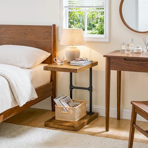C Shaped Solid Wood Nightstand, Narrow Bedside Table with Shelf for Small Bedroom, Industrial Rustic Bed Side Table for Low Beds, Laptop Desk for Bed, Black Metal Frame (2, Brown)