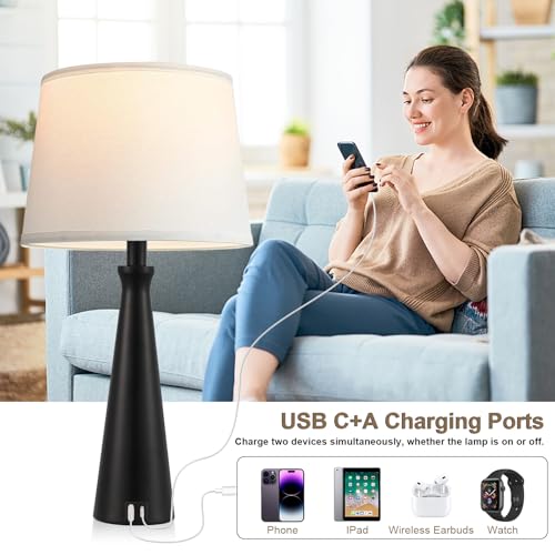 Seealle Modern Table Lamps Set of 2 - Touch Bedside Lamp for Nightstand with Dual USB C+A,3-Way Dimmable Black Nightstand Lamps for Living Room Bedroom End Table(Bulb Included) - color: A. Black-White