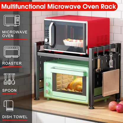 Kitstorack Adjustable Microwave Oven Rack,Microwave Stand Shelf Heavy Duty 2-Tier Shelf with Cutting Boards Stand for Kitchen Shelves Counter Top Organizer, Holds 120lbs,9 Hooks - style: 2 Tier-Black