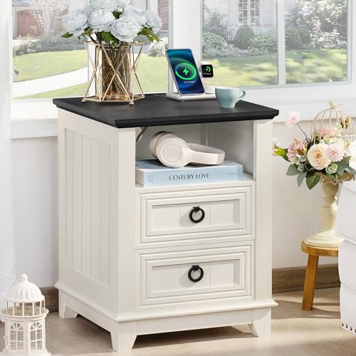 Joaxswe 18" Farmhouse Night Stand with Charging Station, 2 Drawers End Table Dresser for Bedroom, White Wooden Nightstand, Bed Side Table with Open Shelf, Bedside Cabinet for Living Room, Closet - color: White Set 1, size: 2 Drawers