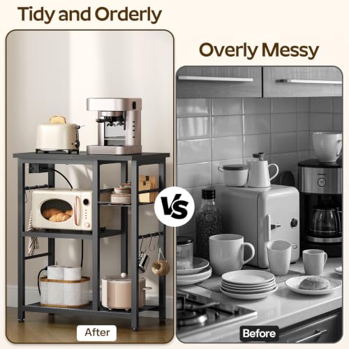 YATINEY Movable Bakers Rack, Microwave Stand with Charging Station, Kitchen Storage Rack with Hooks and Basket, Casters and Adjustable Feet, for Small Space, Kitchen, Dining Room, Black HB04UBB - color: Black
