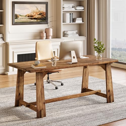 LITTLE TREE 63" Solid Wood Office Desk, Farmhouse Executive Computer Desk, Large Work Writing Table, Rustic Brown Home Office Workstaticon, Business Furniture