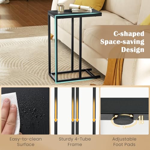 Giantex C Shaped End Table, Small Side Table for Sofa, Couch Table that Slide Under with Metal Frame, Industrial TV Tray Table for Small Spaces, C Table for Living Room Bedroom (2, Black) - color: Black