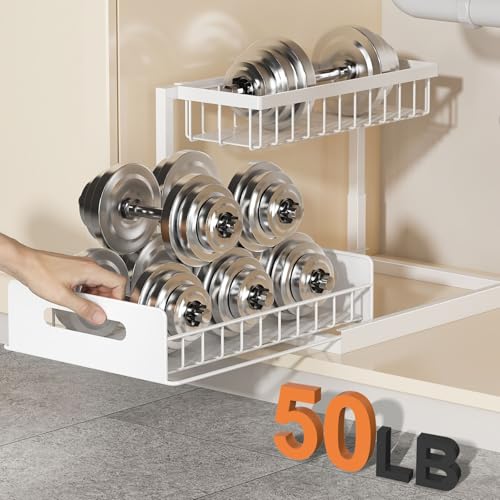REALINN Under Sink Organizer, Pull Out Cabinet Organizer, 2 Tier Metal Slide Out Shelf with L Shaped Design for Kitchen, Bathroom, Laundry, and Utility Cabinet Storage for Deep Cabinets, White, 2 Pack | Slide Out Under Cabinet Storage, For Kitchen and Bat