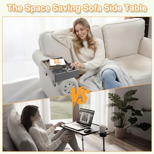 Couch Arm Table Tray, 15.3" x 9.8" Large Bamboo Couch Arerest Table for Cup Holder, Adjustable Sofa Arm Clip Tray Table with Rotated Phone Holder - color: Gray