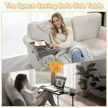Couch Arm Table Tray, 15.3" x 9.8" Large Bamboo Couch Arerest Table for Cup Holder, Adjustable Sofa Arm Clip Tray Table with Rotated Phone Holder - color: Gray