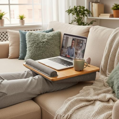Lap Desk for Laptop with Cushion, Bamboo Laptop Stand with Anti-Slip Strip Tablet Phone Holder, Fits up to 15.6 inch Portable Computer Lap Desk for Couch, Bed & Car - size: 16.5"x13.4" Fixed
