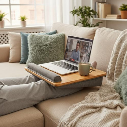 Lap Desk for Laptop with Cushion, Bamboo Laptop Stand with Anti-Slip Strip Tablet Phone Holder, Fits up to 15.6 inch Portable Computer Lap Desk for Couch, Bed & Car - size: 16.5"x13.4" Fixed