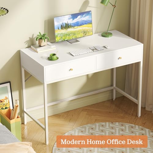 SUPERJARE 39.4" White Desk with 2 Drawers, Modern Makeup Vanity Desk, Small Computer Desk Home Office Desk for Writing Study Bedroom - color: White, size: 39.4 inch