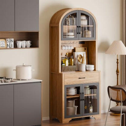 Tall Arched Pantry Cabinet, Kitchen Pantry Cabinet with Drawer and Charging Station, Tall Coffee Bar Cabinet with Storage, Dining Room Kitchen Hutch Storage Cabinet - color: Natural