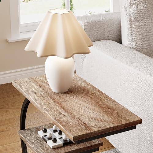 LITTLE TREE End Table, Narrow End Table with 3 Storage Shelves, Industrial C-Shaped Small Sofa Side Table for Living Room, Wood Slim Snack Table with Black Metal Frame, Oak - color: Oak