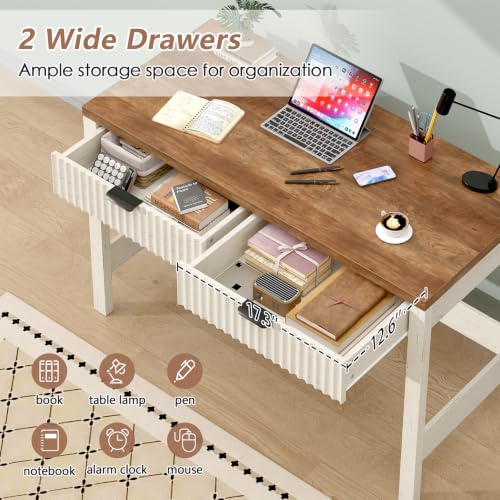 YOMILUVE Fluted Computer Desk with 2 Drawers, 39 Inch Small Computer Desk with Storage, Compact Writing Study Vanity Desk for Small Spaces, Antique White - color: Antique White