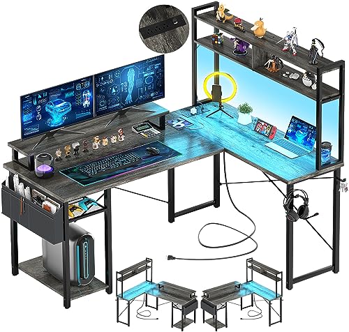 Aheaplus Small L Shaped Gaming Desk with LED Lights & Power Outlets, Reversible L-Shaped Computer Desk with Monitor Stand & Storage Shelf, Corner Desks Home Office Desk with Storage Bag, Grey Oak - color: Black Oak
