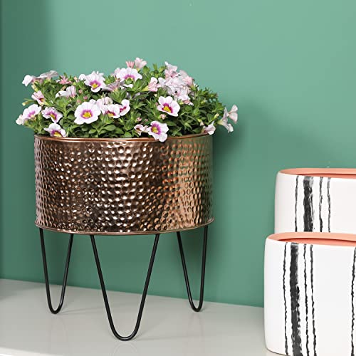 MyGift Modern Hammered Copper Tone Planter Pot, 8 and 10 Inch Metal Round Plant Container with Matte Black Wire Stand, Set of 2 - Handcrafted in India - color: Copper