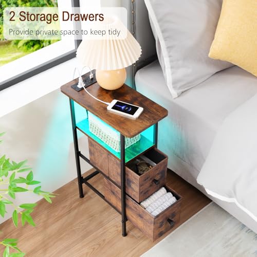 LOAKEKEL Narrow Nightstand with Charging Station, End Tables Living Room Set of 2, Skinny Side Table with Fabric Drawers, Small Sofa Table with LED Light for Bedroom, Rustic Brown, HETNDP02LPBR - color: Rustic Brown, style: Power + Light
