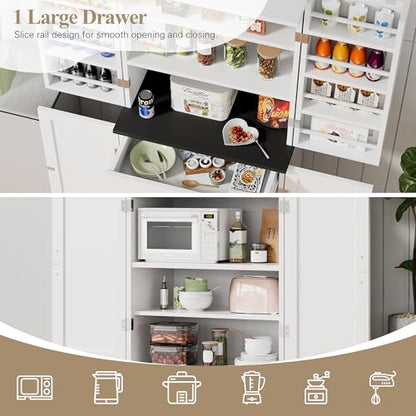 Vongrasig Kitchen Pantry Storage Cabinet with Barn Doors, Drawer and Adjustable Shelves, 6-Tier Tall Rustic Wood Cupboard Locker for Kitchen, Dining Room, Living Room, Bathroom, (White) - color: White