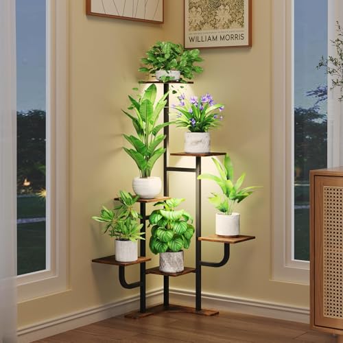 Homsorout Corner Plant Stand with Grow Light - 6 Tier Plant Stand Indoor Square Metal Plant Shelf with Adjustable Light, Plant Organizer for Living Room, Graden, Home Decor, Brown - color: Square-Brown-with Lights