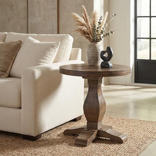 Napa Solid Wood Farmhouse Rustic Round End Side Living Room Table, Nightstand 26" W x 26" D x 25" H | Farmhouse Rustic, Pine Wood, Round Side Table, Nightstand, 2" Plank Top, for Living Room or Bedside, 26" W x 26" D x 25" H - color: Natural Finish