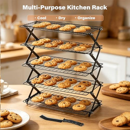 5 Tier Upgraded Collapsible Cooling Rack with Adjustable 3 Setting Design, Stackable Baking Rack with Clean Brush, Roasting Cooking Drying Wire Cooling Rack for Cookies Baking Roasting ＆ Grilling - color: Black