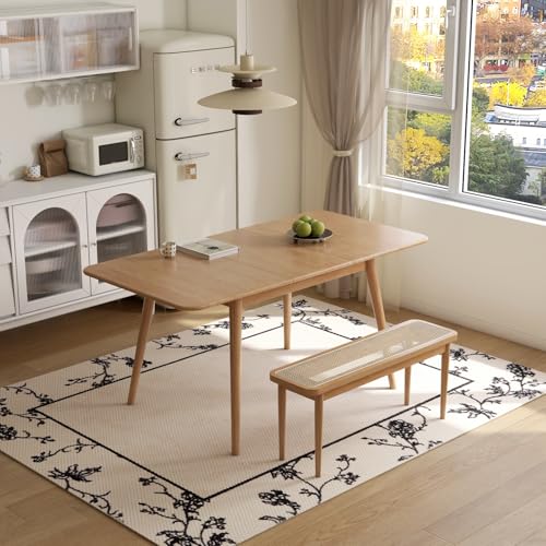 47’’-63’’ 100% Oak Extendable Dining Table and Bench Set for 2, Solid Wood Folding Kitchen Table, Mid Century Modern Dinner Table for Kitchen, Living Room, Natural (47''-63''+39''Rattan Bench) - color: Natural, size: 47''-63''+39'' Rattan Bench