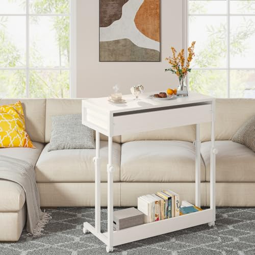 Tribesigns Portable Desk with Drawers, Mobile Laptop Desk with Wheels, Sofa Side Table Bed Desks, Small Standing Desk for Home Office (White) - color: White