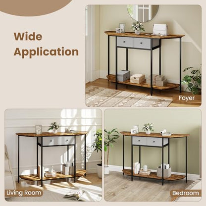 GOFLAME Entryway Table with 2 Fabric Drawers, 51“ Narrow Sofa Table with Open Storage Shelf, Heavy-Duty Frame, Industrial Half Moon Console Table for Living Room, Hallway, Rustic Brown