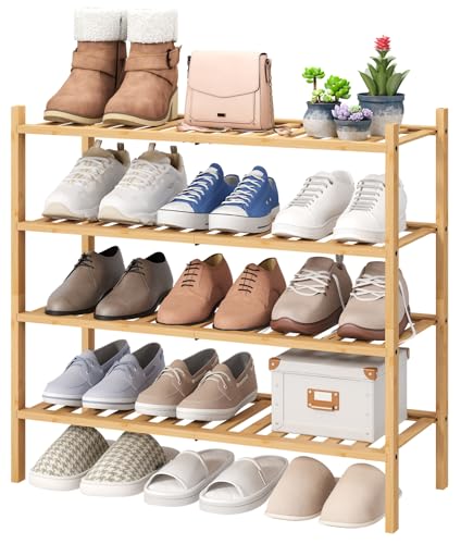 viewcare 4-Tier Bamboo Shoe Rack for Entryway, Stackable | Foldable | Natural, Shoe Organizer for Hallway Closet, Free Standing Shoe Racks for Indoor Outdoor - color: Natural Bamboo, size: 4-Tier