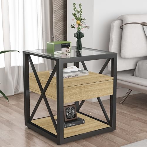Bellemave 1 piece Small End Table with Drawer, Nightstand for Bedroom & Living Room, Wood MDF &Tempered Glass, Metal Frame, Industrial Style Side Table,Easy Assemble, Natural - style: with drawer