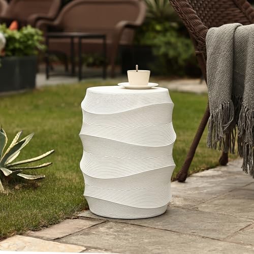 White Textured Wave Drum Side Table, Indoor Outdoor Round Accent End Table, Modern Sculptural Garden Stool Plant Stand for Patio Living Room Bedroom Entryway