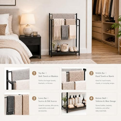 24.8" W Freestanding Towel Rack with Black Wood Shelf | 3 Tier Blanket Ladder Stand for Bathroom Living Room, Metal Frame - color: Black, size: 31.5" H x 24.8" W x7.9 D