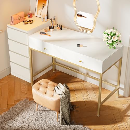 SUPERJARE Vanity Desk with Drawers, 47 inch Computer Desk, Modern Simple Home Office Desks, Makeup Dressing Table for Bedroom - White and Gold - color: White and Gold, size: 47 inch