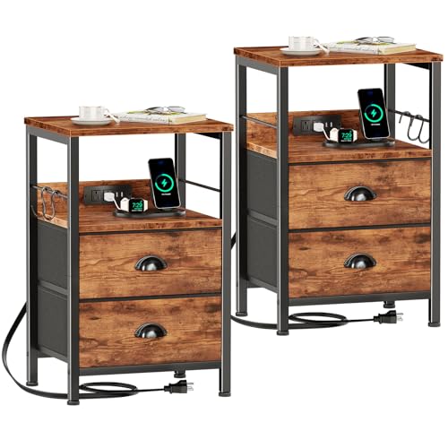 Furologee Nightstand Set of 2, Rustic Brown, with Charging Station and USB Ports, Side Tables with 2 Fabric Drawers, Bedside Tables with Storage Shelf & Hooks, for Living Room/Bedroom - color: Rustic Brown, size: 2 pc