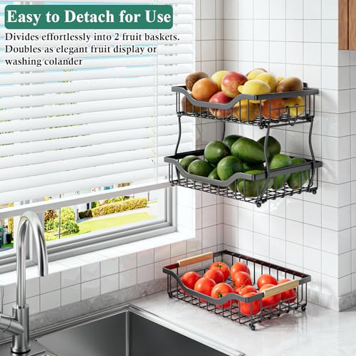 OKZEST 3-Tier Fruit Basket Fits Under Standard Upper Cabinet, 17.2" Tall | 2-In-1 Wall Mount & Countertop. Stackable Kitchen Organizer with Banana Hanger, Hold Potato, Onion, Bread, Snack, Can, Veggie - size: 3-Tier