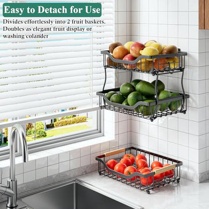 OKZEST 3-Tier Fruit Basket Fits Under Standard Upper Cabinet, 17.2" Tall | 2-In-1 Wall Mount & Countertop. Stackable Kitchen Organizer with Banana Hanger, Hold Potato, Onion, Bread, Snack, Can, Veggie - size: 3-Tier