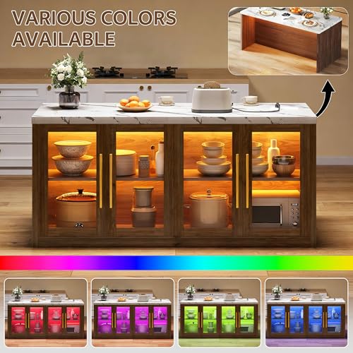 Kitchen Island with Storage, Imitation Marble Island Table with LED Lights & Cabinet for Kitchen, Modern Kitchen Carts on Wheels for Dining Room, Home Bar, Walnut