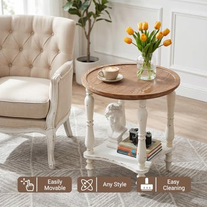 BERRYMERRY 18.5" 2-Tier French Country End Table with Tray Top, White Round Side Table for Living Room Small Spaces, No Tool Assembly - color: Tray Top 1pc